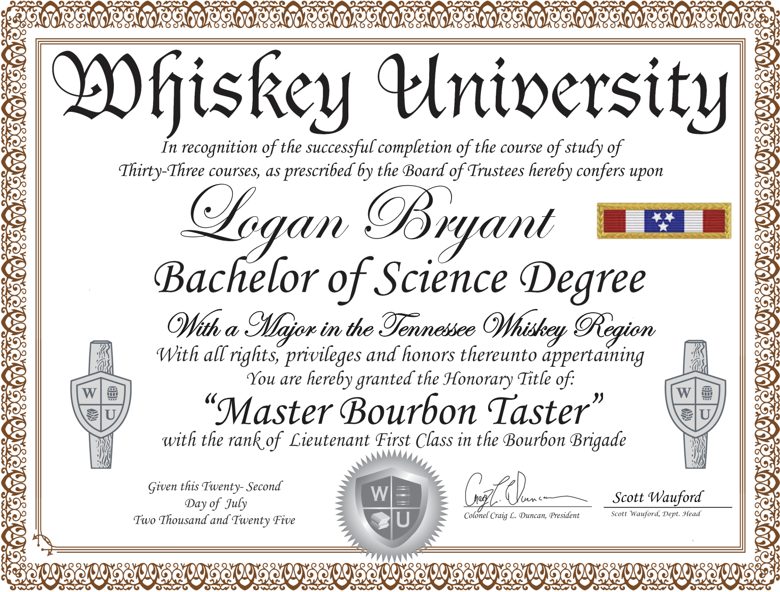A certificate from Whiskey University awarded to Logan Bryant for earning a Bachelor of Science Degree with a major in Tennessee Whiskey Region, conferring the honorary title of Master Bourbon Taster with the rank of Lieutenant First Class in the Bourbon Brigade, dated July 20, 2025, featuring decorative borders, whiskey barrel insignias, and a colorful rectangular patch.