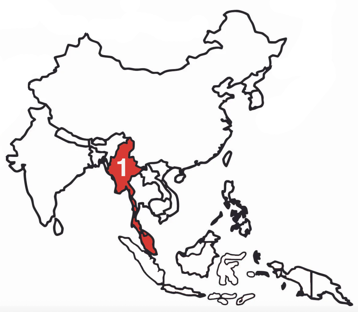 Map of Asia highlighting Thailand in red with the number 1, and neighboring countries outlined in black.