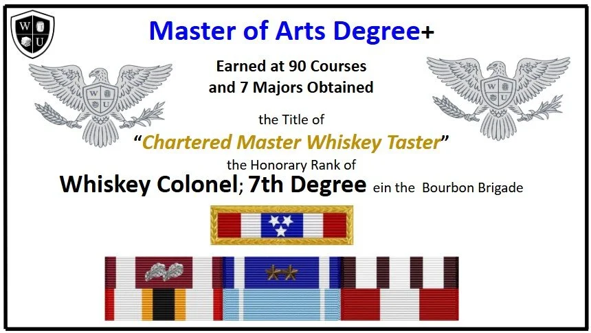 Certificate displaying a Master of Arts degree earned for 90 courses and 7 majors, titled 'Chartered Master Whiskey Taster,' awarded to Whiskey Colonel with a 7th-degree honor, featuring two eagle emblems, a colorful ribbon, and five bar-shaped medals.