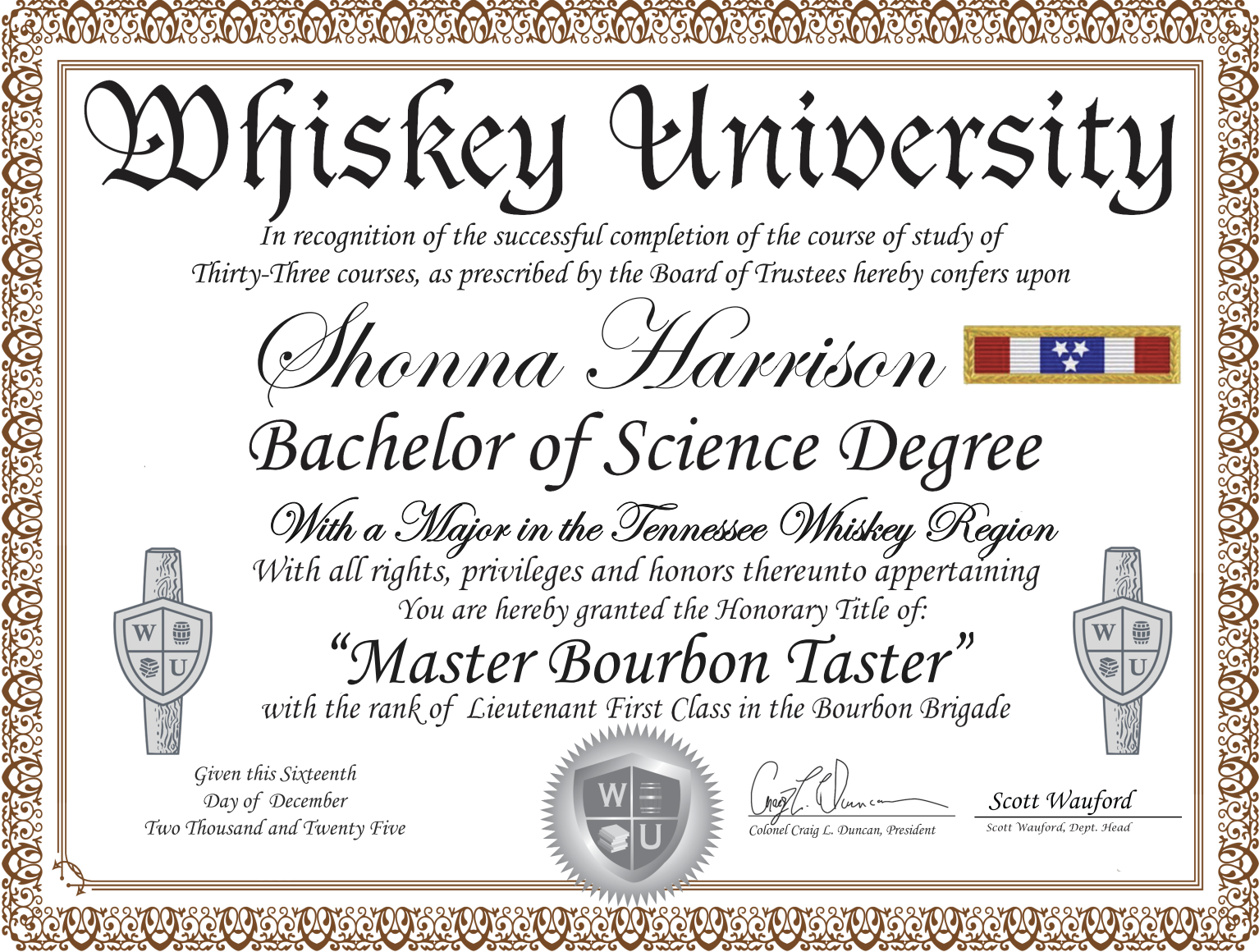 Certificate of completion from Whiskey University awarded to Shonna Harrison for earning a Bachelor of Science Degree with a major in Tennessee Whiskey Region, conferring the honorary title of Master Bourbon Taster. The certificate is decorated with a border and contains two emblems with the Whiskey University logo, a Tennessee state flag, and signatures of Colonel Craig L. Duncan and Scott Wauford.