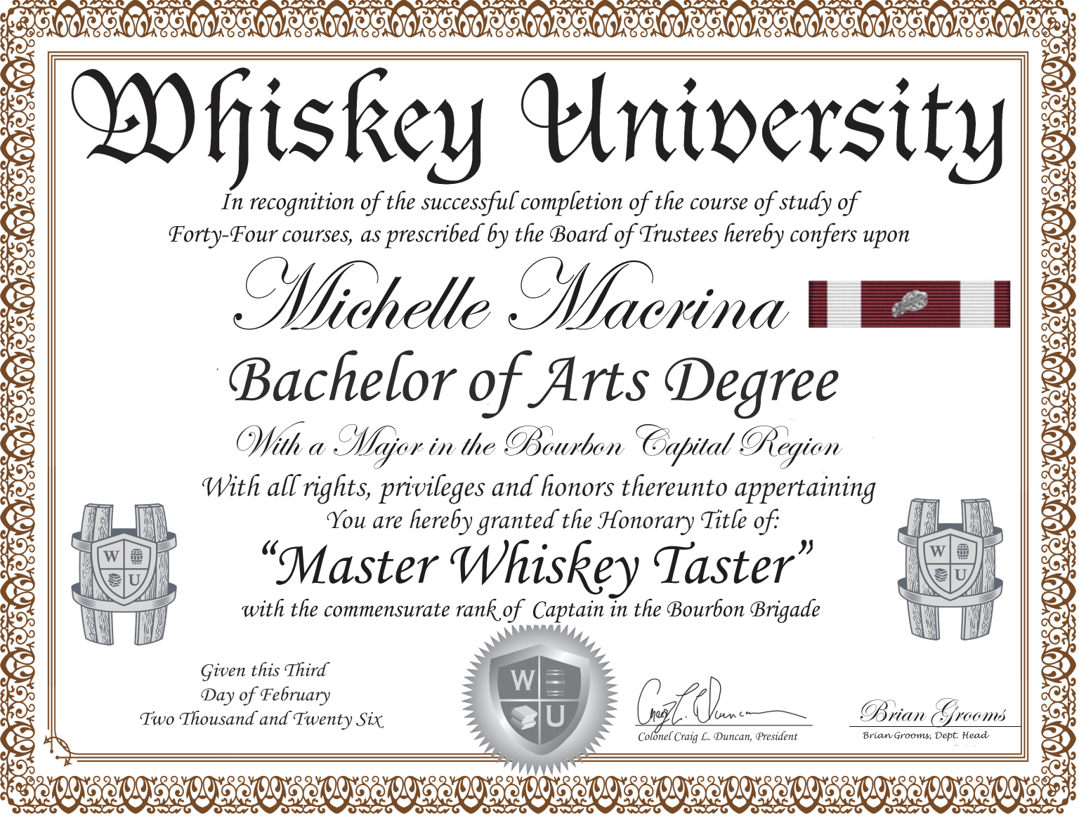 Certificate from Whiskey University awarded to Michelle Macrina, Bachelor of Arts Degree with a major in the Bourbon Capital Region, titled 'Master Whiskey Taster', dated February 3, 2026, with signatures and whiskey-related logos.