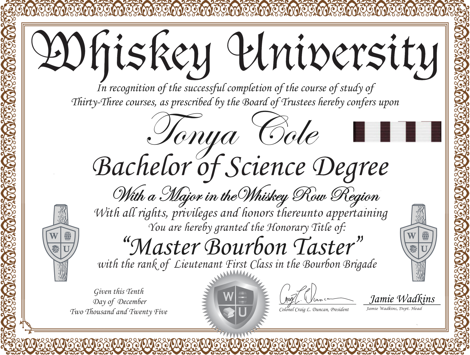 Certificate from Whiskey University awarded to Tonya Cole for a Bachelor of Science Degree with a major in the Whiskey Row Region, titled 'Master Bourbon Taster,' signed by Colonel Craig L. Duncan and Jamie Wadkins, dated December 10, 2025.