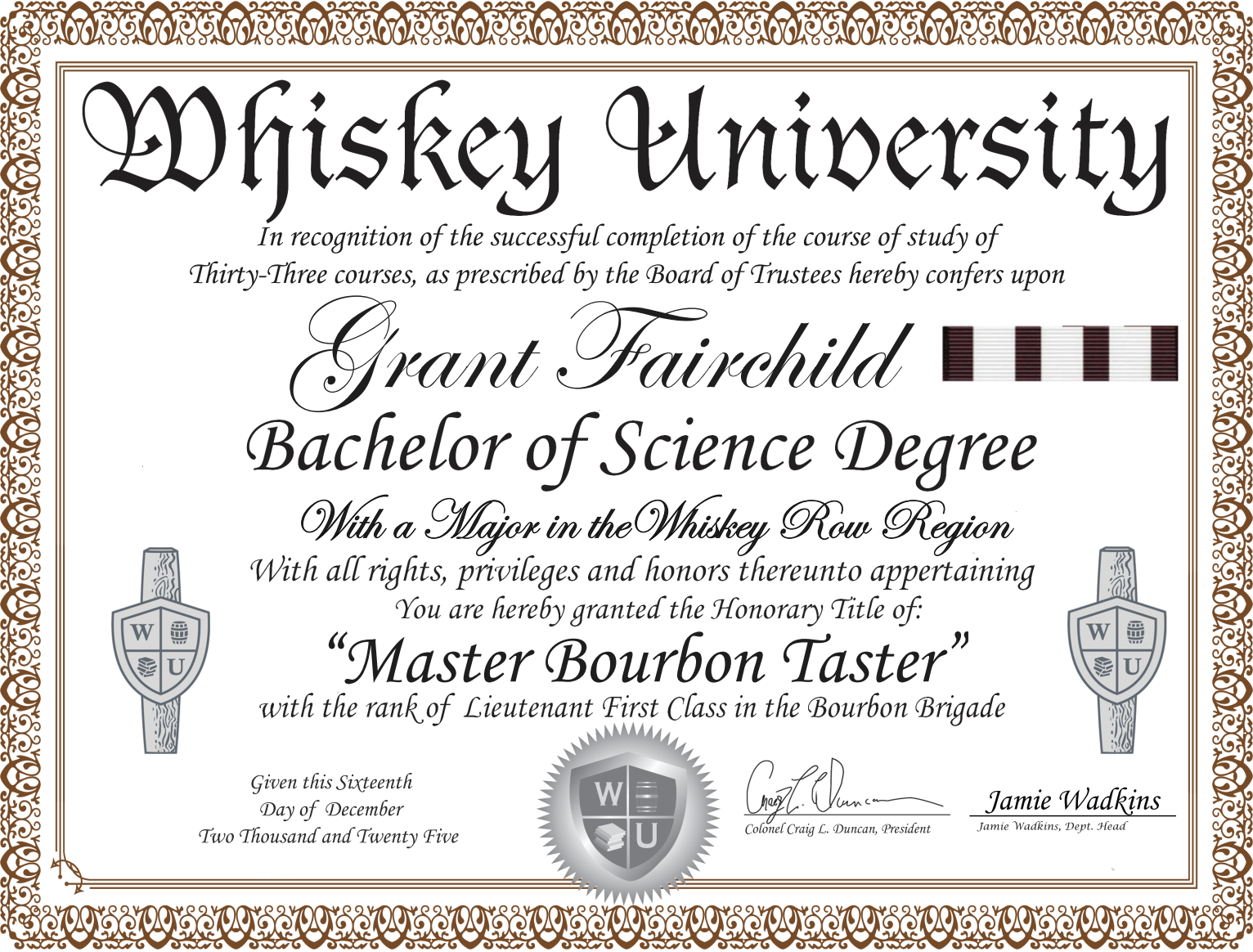 A humorous whiskey-themed university diploma certificate featuring ornate border, cursive and serif fonts, and added whiskey logo emblems and medals.