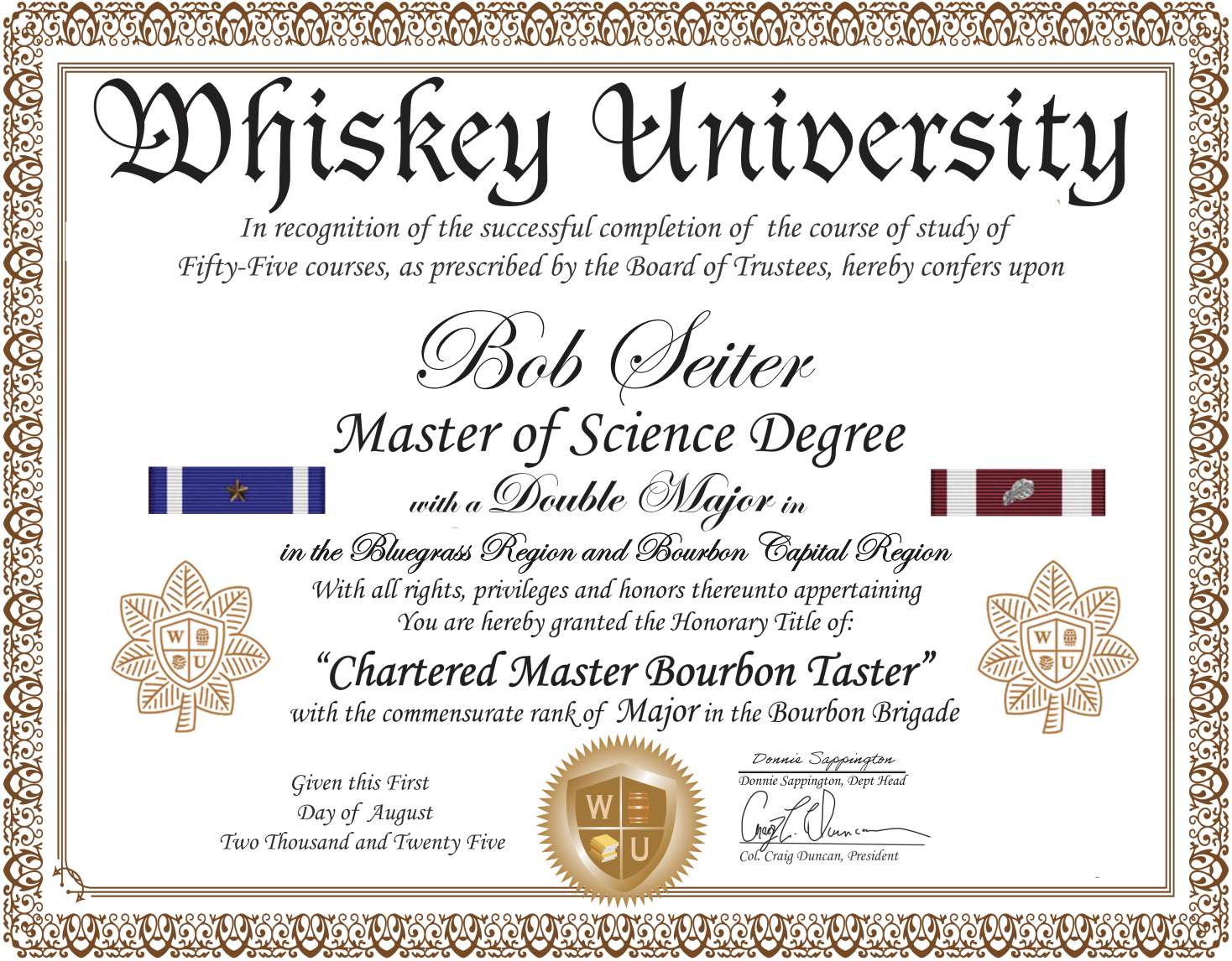 A Whiskey University diploma certificate with ornate brown border, featuring decorative medallions, ribbons, and signatures, granting Bob Seiter the title of 'Chartered Master Bourbon Taster' in 2015.