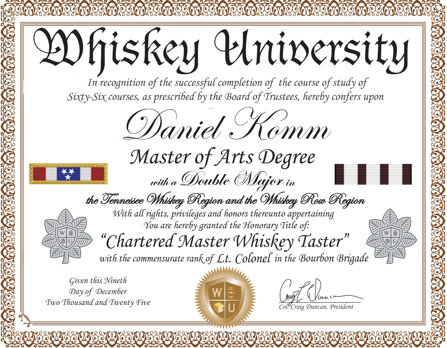 A certificate from Whiskey University awarded to Daniel Komm, recognizing the completion of 66 courses, conferring the title of Chartered Master Whiskey Taster.