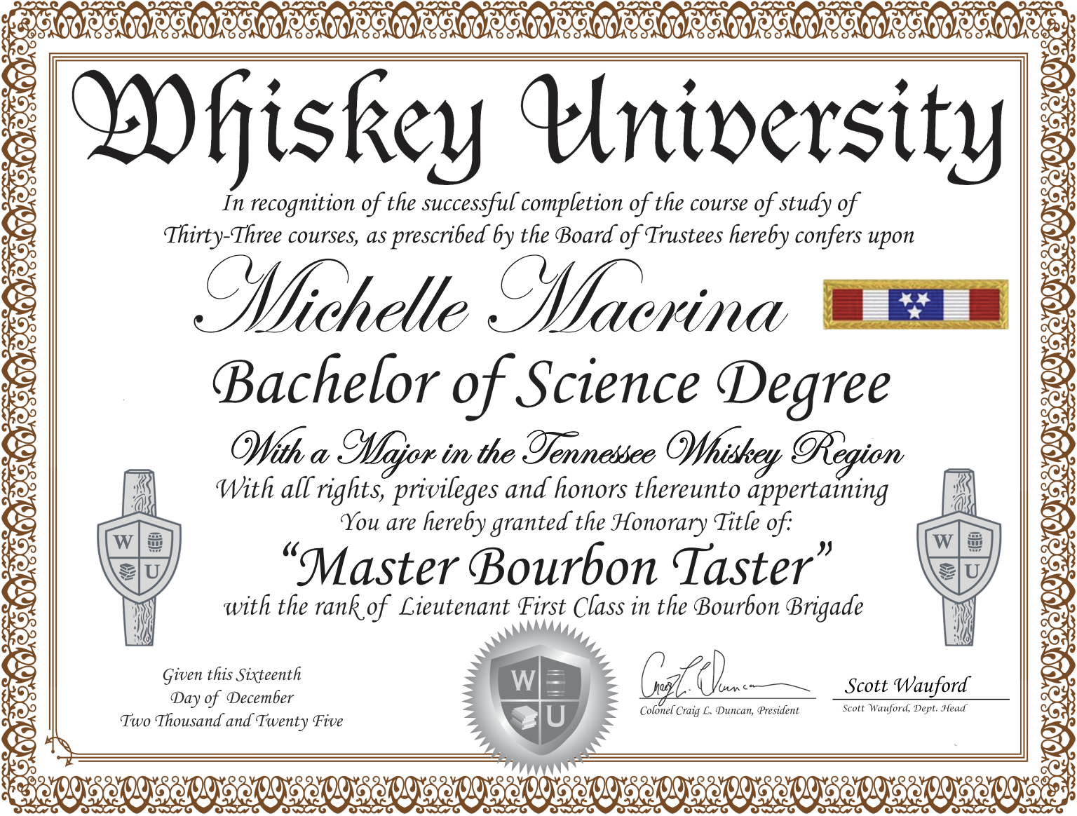 Certificate from Whiskey University awarded to Michelle Marina for completing 33 courses with a major in Tennessee Whiskey Region, conferring the title of Master Bourbon Taster with a Lieutenant First Class rank in the Bourbon Brigade, issued December 16, 2015.