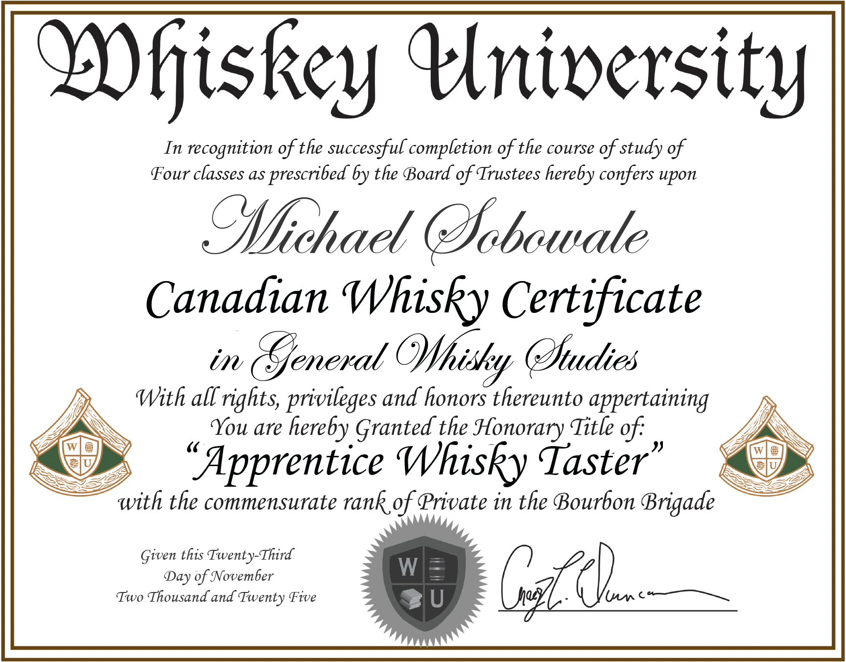 Certificate from Whiskey University awarded to Michael Sobowale for completing four classes in general whisky studies. Features the Whiskey University logo, a crest with a shield, and a signature at the bottom.
