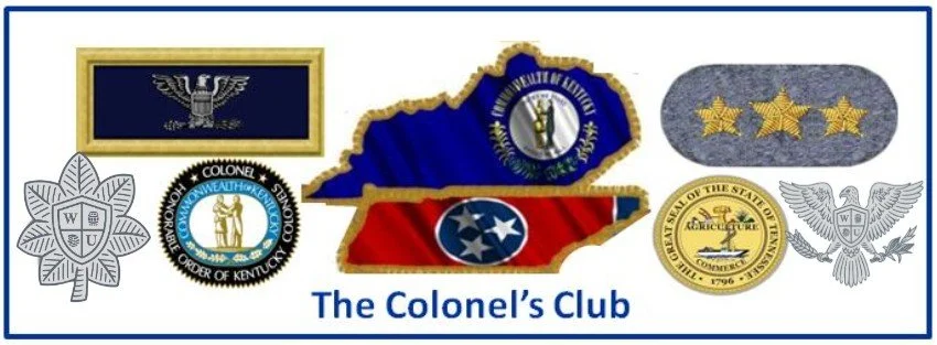 Collection of patches and emblems representing The Colonel's Club, including state and organizational insignias, decorative elements, and a central patch with the Tennessee flag.