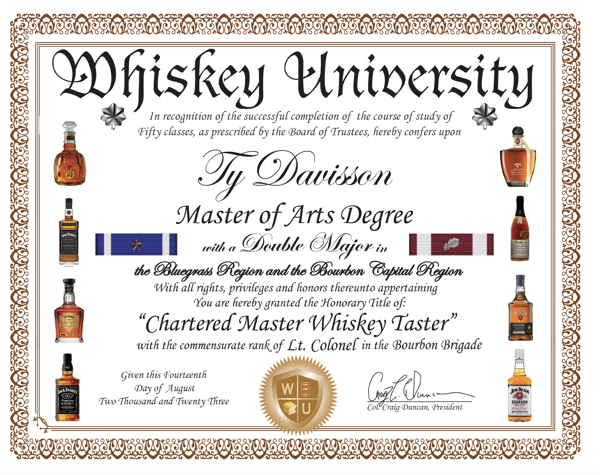 Certificate from Whiskey University awarded to Ty Davisson for completing fifty classes, featuring images of various whiskey bottles and medals, with decorative borders and a gold emblem at the bottom.