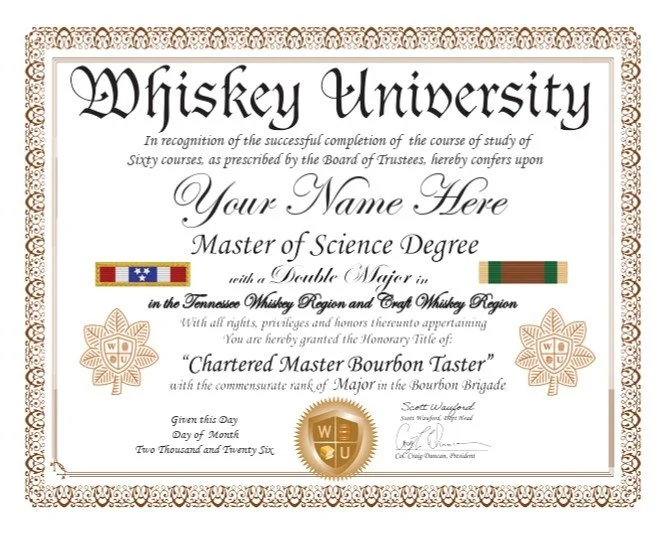 A whiskey university certificate with decorative border, featuring text, medals, and signatures, awarded for completing sixty courses in whiskey regions.