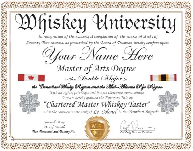 A humorous parody whiskey university diploma with a gold seal, two flags, and decorative borders.
