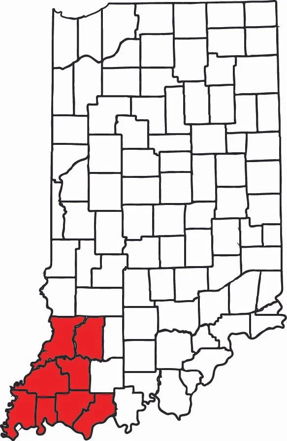 Map of Indiana counties highlighted in red in the southwestern part of the state.