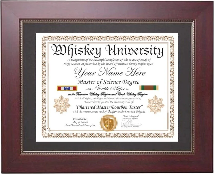 A framed certificate from Whiskey University recognizing the successful completion of a course of study, with a placeholder for a name, emphasizing a Master of Science Degree and a specialization as a Chartered Master Bourbon Taster, featuring decorative borders, flags, and official seals.
