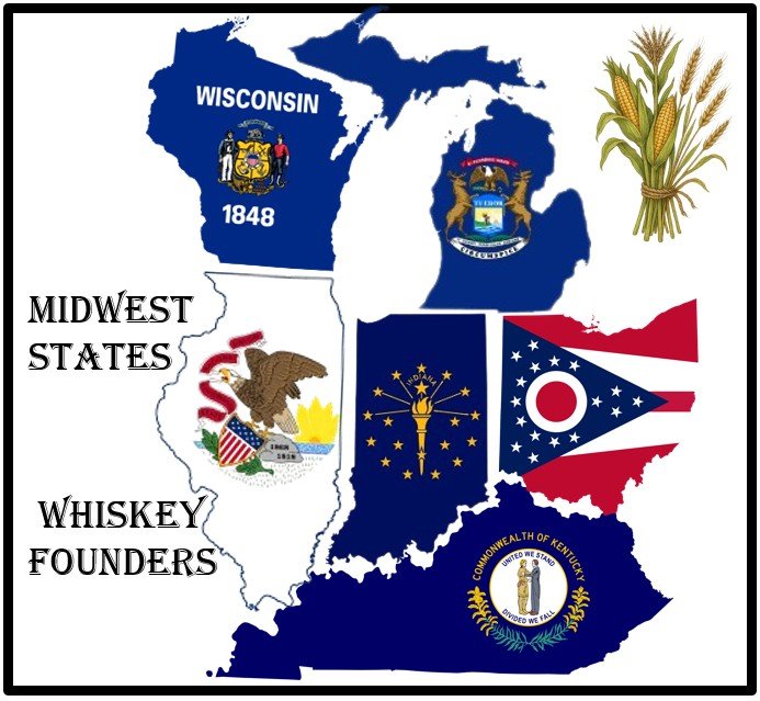 Map of the Midwest United States with state outlines and symbols representing Wisconsin, Michigan, Ohio, Indiana, Illinois, Missouri, and Kentucky. Wisconsin's outline features the state flag. Michigan has its official seal. Ohio has a flag with a circle of stars. Illinois displays a symbol with an eagle and flag. Kentucky shows its state seal. The image also includes a bundle of wheat in the top right corner.