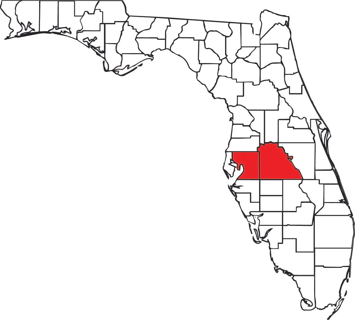 Map of Florida with one county highlighted in red.