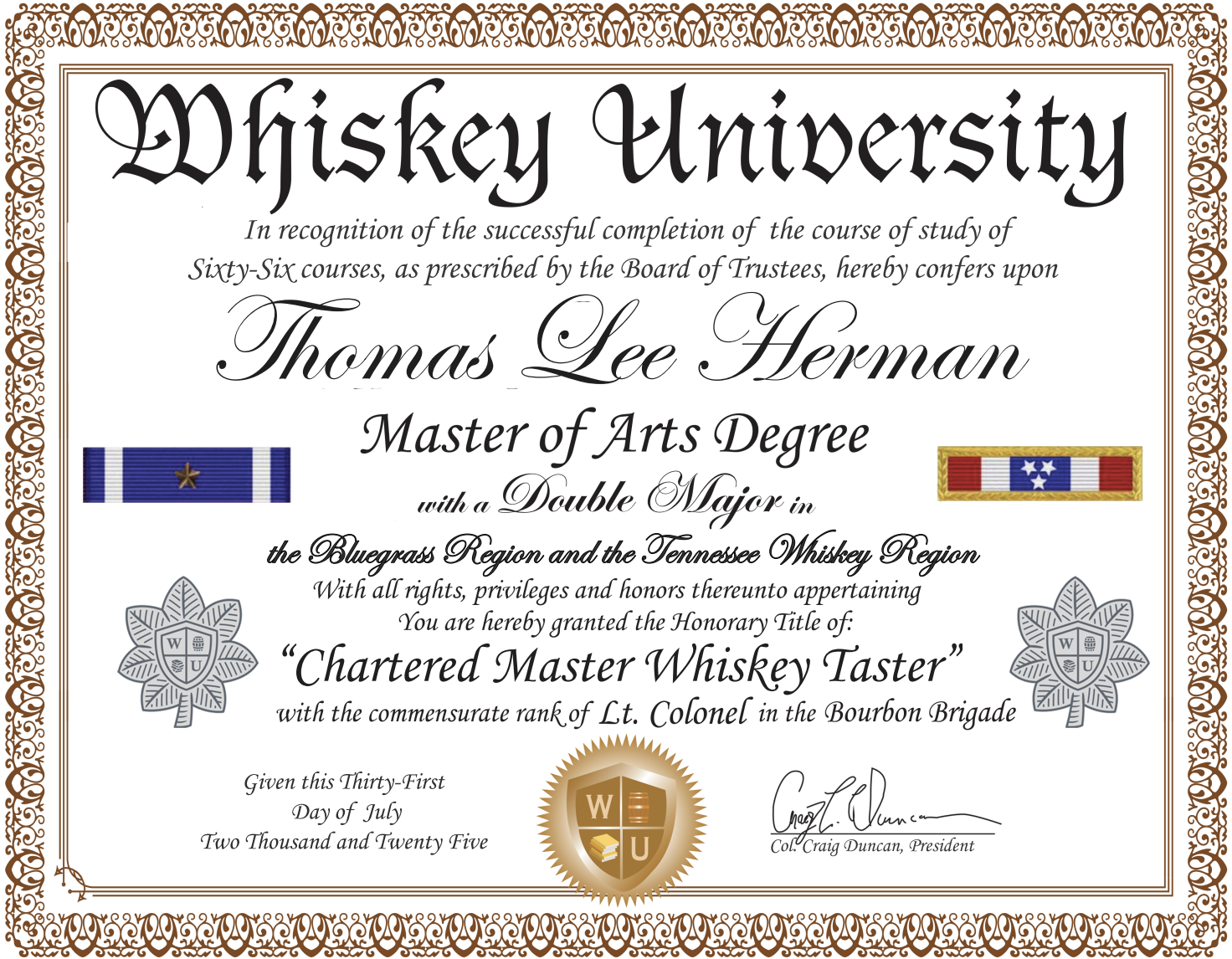 A certificate titled 'Whiskey University' awarded to Thomas Lee Herman, granting him the degree of Master of Arts with a Double Major in the Bluegrass and Tennessee Whiskey Regions. The certificate includes decorative borders, ribbons, emblems, and signatures, with a gold seal at the bottom.