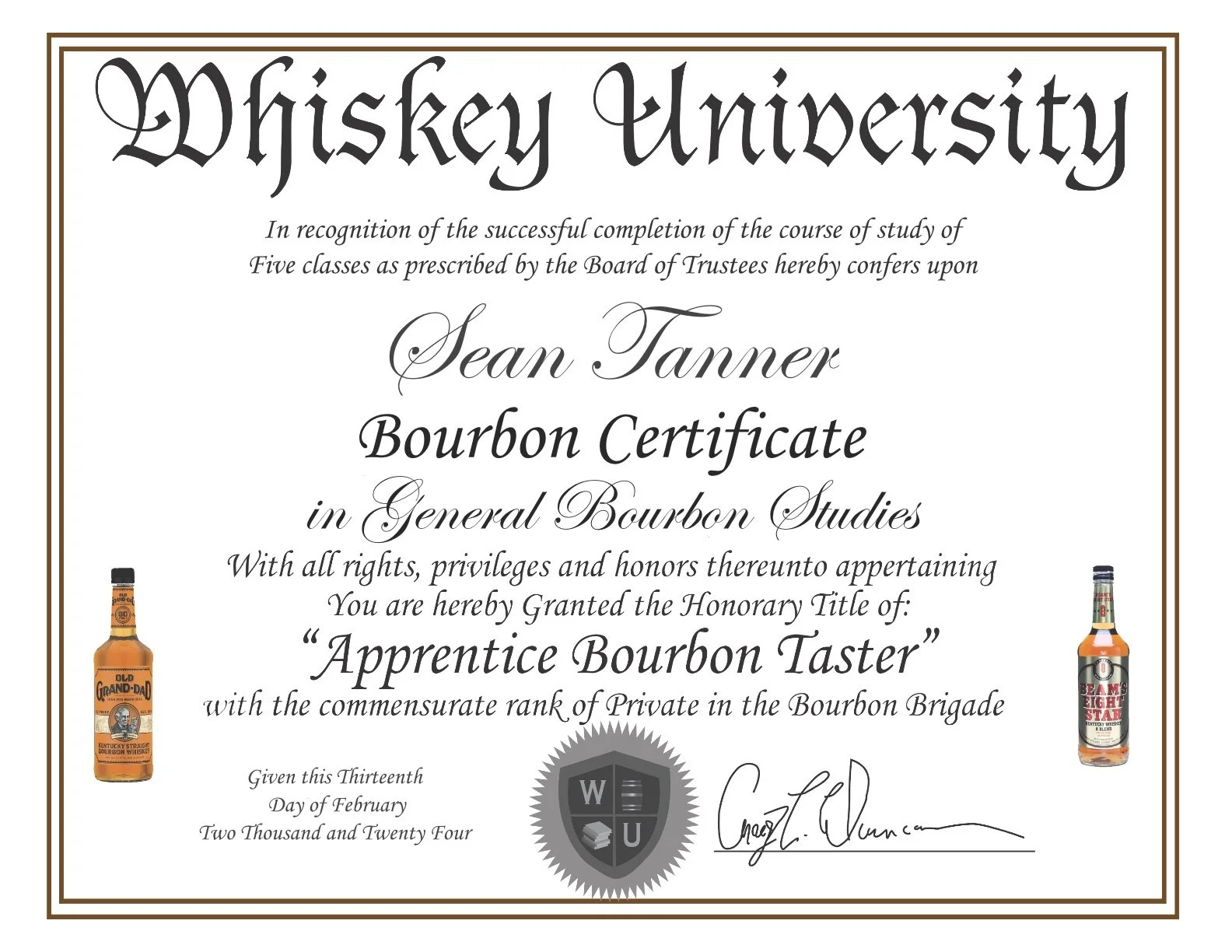 Certificate awarded to Sean Tanner for completing bourbon studies at Whiskey University, signed and dated February 13, 2024, with images of two bourbon bottles on each side.