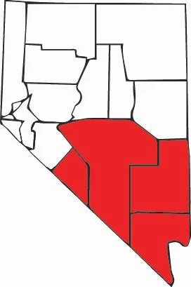 Map of Nevada with several counties highlighted in red.