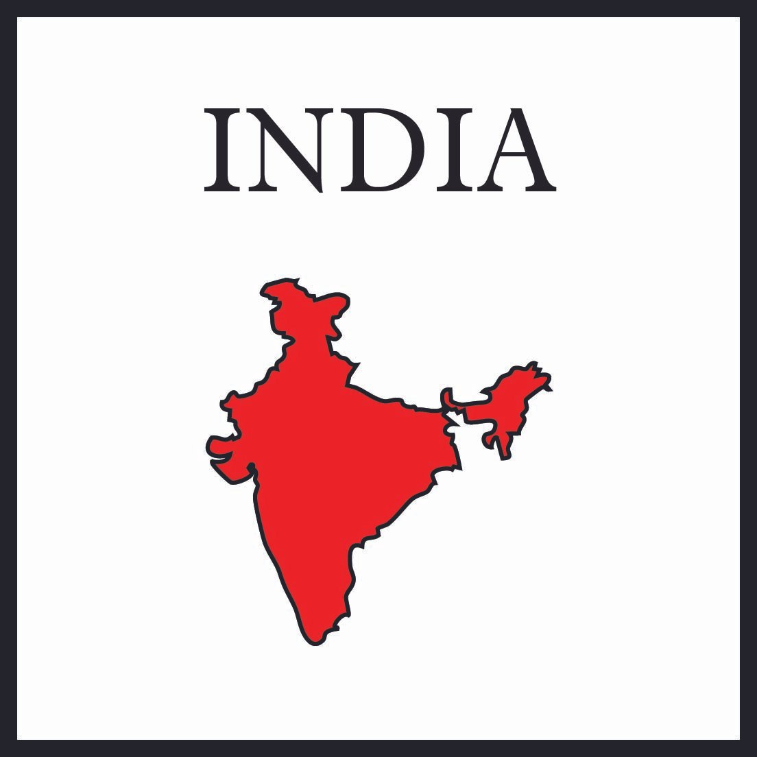 Map of India highlighted in red with the word "India" above it.