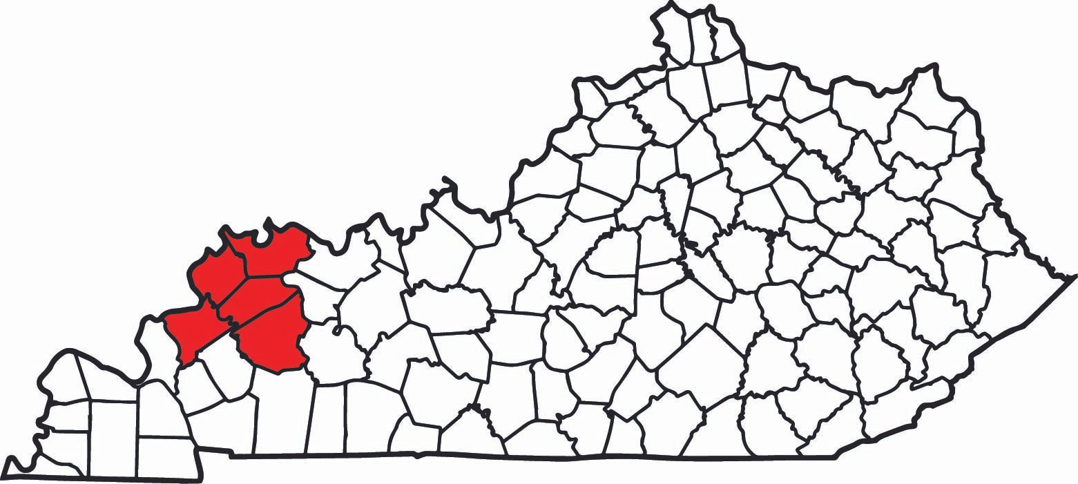 Map of Kentucky with three counties in the northwest region highlighted in red.