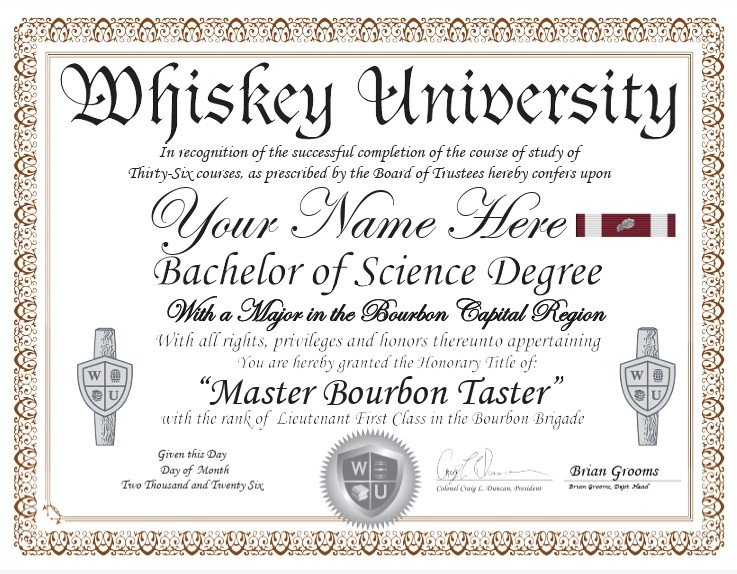 Certificate from Whiskey University awarded to someone for completing a Bachelor of Science Degree with a major in the Bourbon Capital Region, granting the honorary title "Master Bourbon Taster," signed by Brian Grooms.
