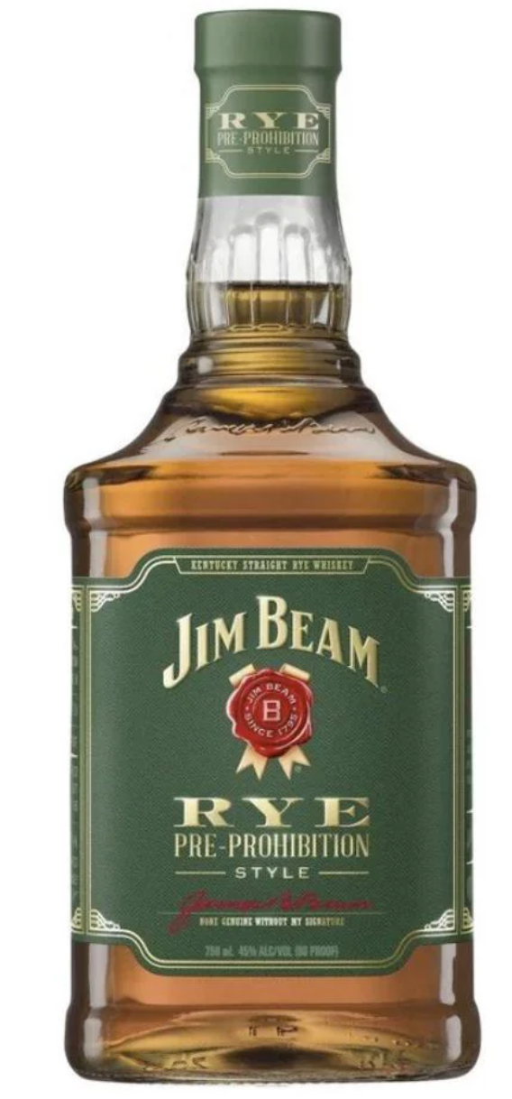 A bottle of Jim Beam Rye Pre-Prohibition Style whiskey with a green label and neck cap.