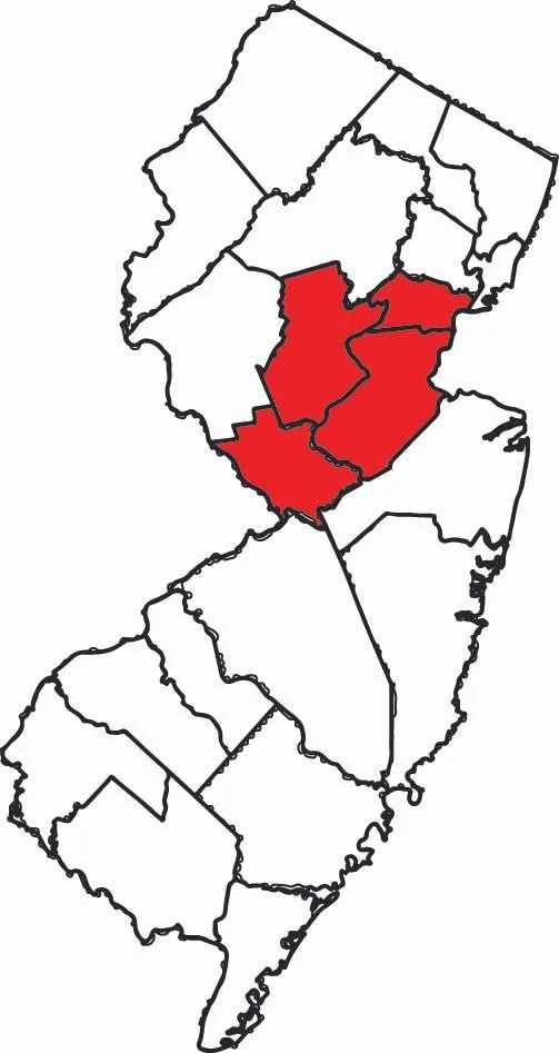 Map of New Jersey with three counties highlighted in red.