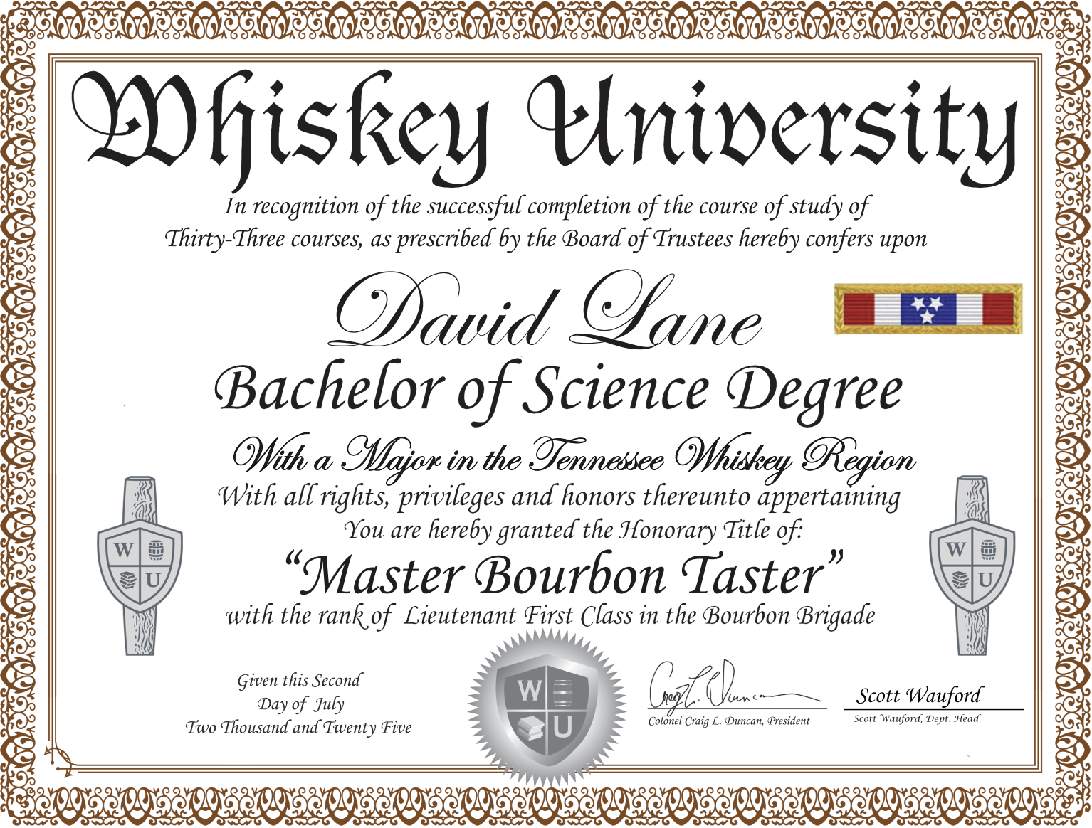 A humorous diploma designed as a parody of a university degree. It features decorative borders, university seals, and text awarding the honorary title of 'Master Bourbon Taster' to David Lane, with signatures at the bottom.