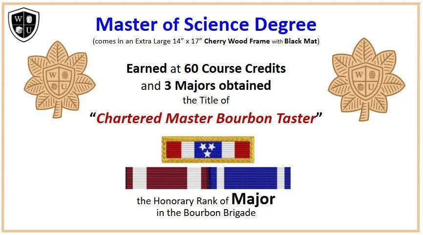 Certificate for a Master of Science Degree with decorative maple leaf emblems, text detailing the degree, course credits, majors, title, and honorary rank in a Bourbon Brigade, featuring a colorful ribbon design.