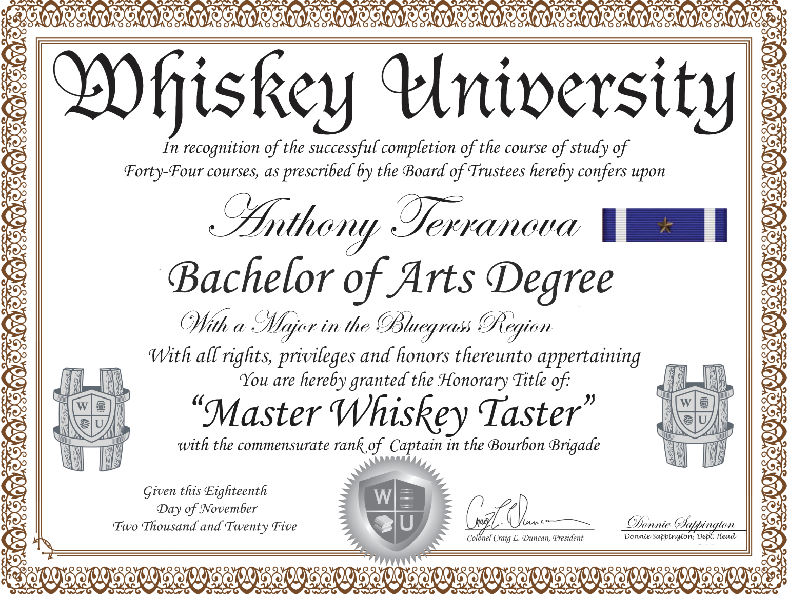 Certificate from Whiskey University awarded to Anthony Terranova for completing 44 courses, with the title 'Master Whiskey Taster', dated November 18, 2015, featuring decorative borders, a blue ribbon, and whiskey barrel images.