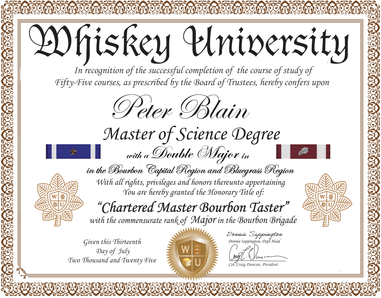 A whiskey university diploma certificate awarded to Peter Blain, a Master of Science with a double major in the Bourbon Capital and Bluegrass regions. It includes decorative borders, medals, and signatures.