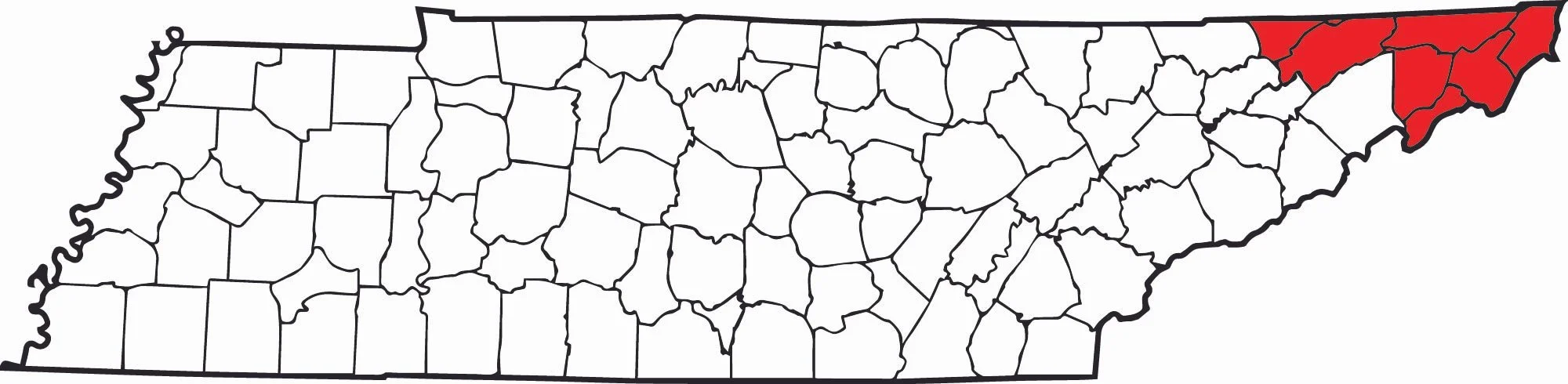 Outline map of Tennessee with some eastern counties highlighted in red.