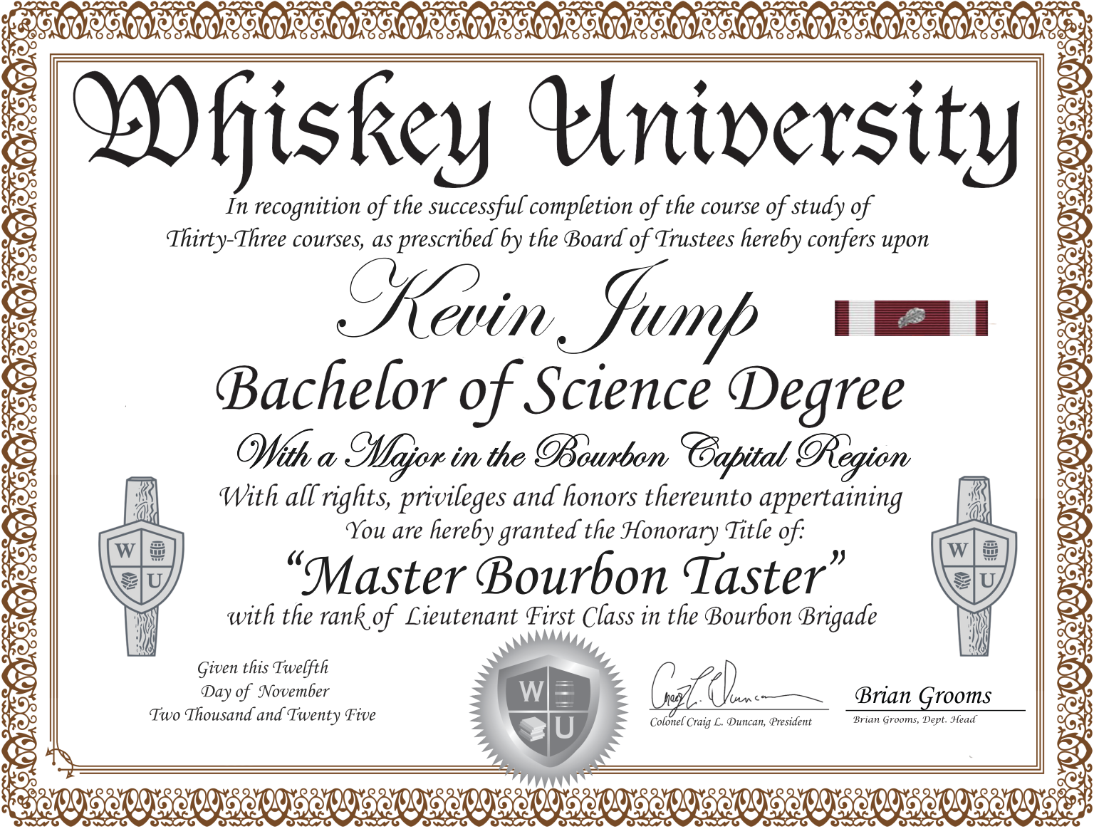 A diploma from Whiskey University awarded to Kevin Jump for earning a Bachelor of Science degree with a major in the Bourbon Capital Region. The diploma features decorative borders, the Whiskey University emblem, and signatures, along with a ribbon and medal.