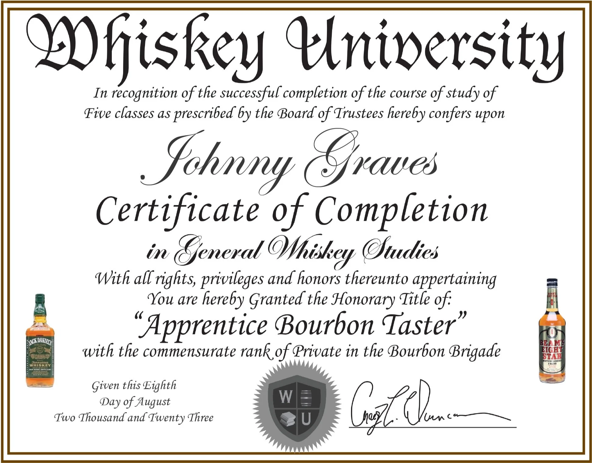 Whiskey University certificate awarded to Johnny Graves for general whiskey studies with the honorary title of Apprentice Bourbon Taster, signed and dated August 8, 2023, featuring two whiskey bottles on the bottom left and right corners.