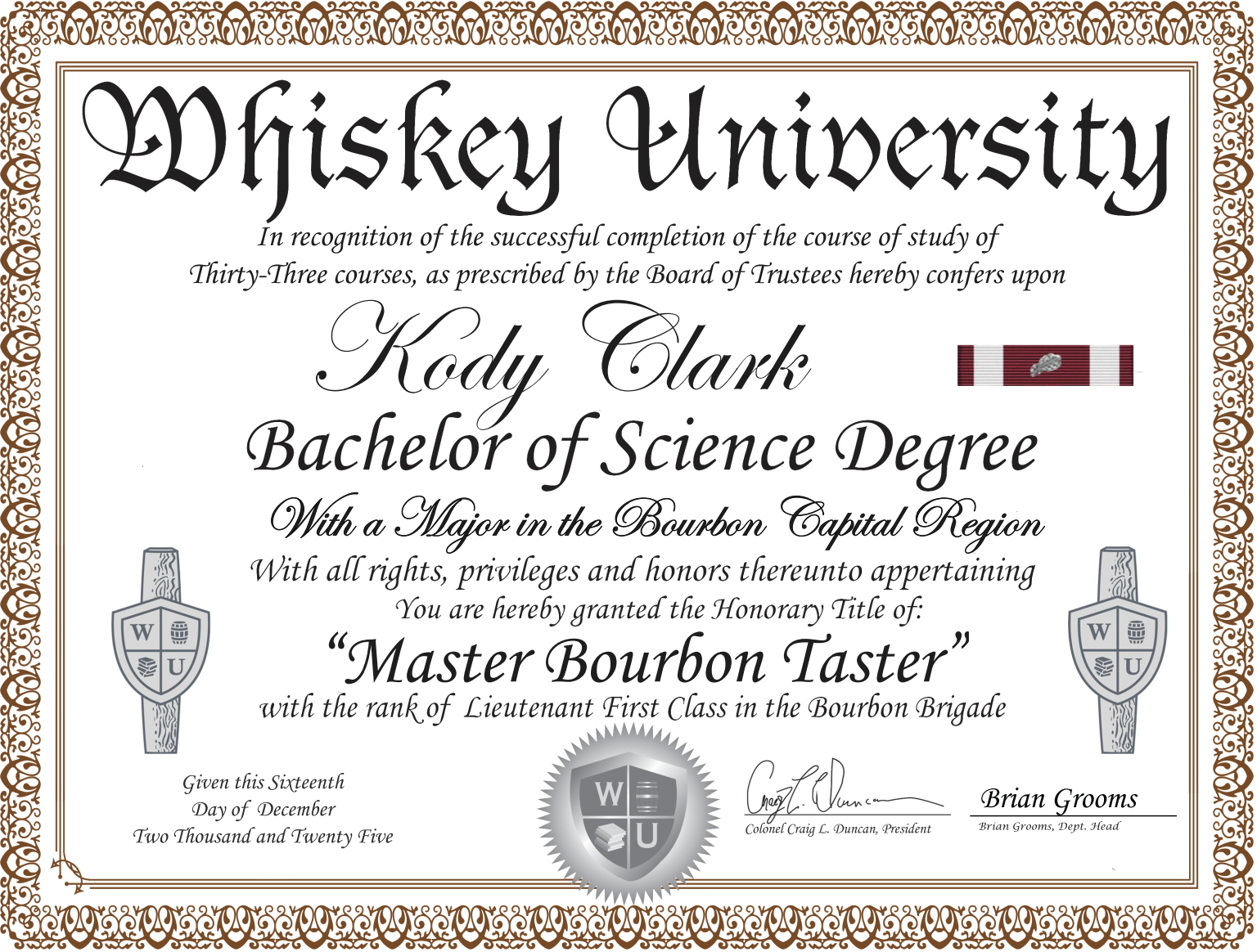 A humorous parody diploma from Whiskey University, featuring ornate borders and notes about a course completion in bourbon-themed studies, with signatures and a whiskey belt buckle image.