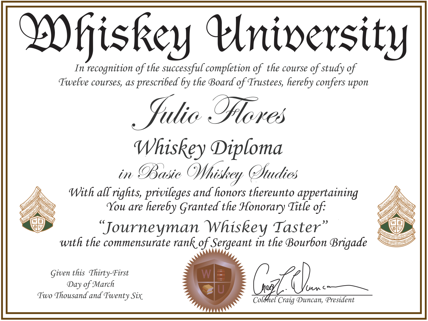 A whiskey diploma certificate with ornate text, a gold border, a seal, and university crests on each side. It awards Julio Flores the title of 'Journeyman Whiskey Taster' with signatures at the bottom.
