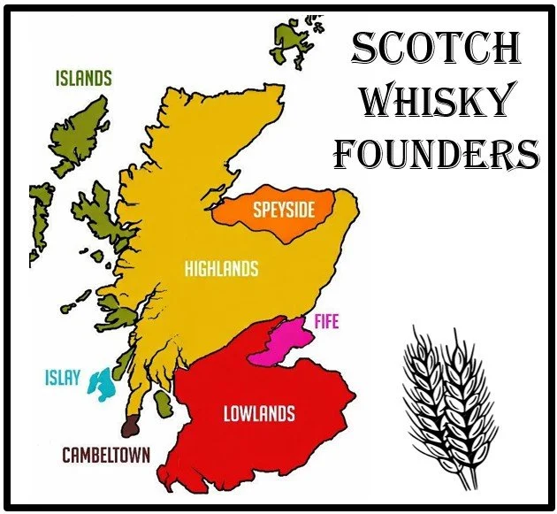 Map of Scotland showing regions named Highland, Lowlands, Speyside, Fife, Cambletown, Isles, and Islands, with a graphic of wheat on the right and the title "Scottish Whisky Founders".
