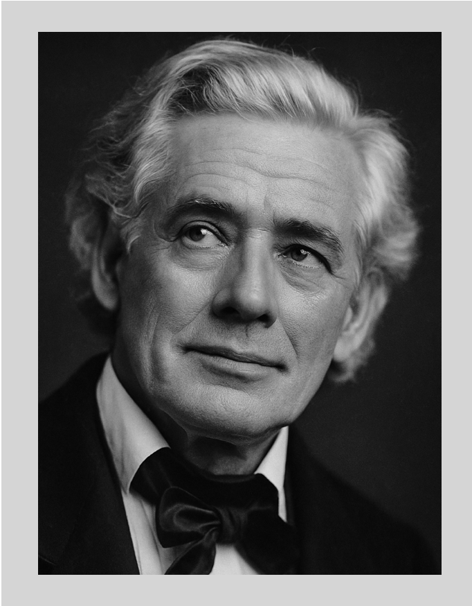 Black and white portrait of an older man with wavy gray hair, wearing a tuxedo and bow tie, looking slightly upward with a thoughtful expression.