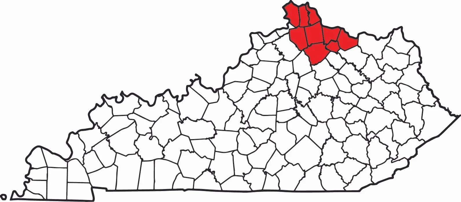 Map of Kentucky counties highlighting the five northernmost counties in red.