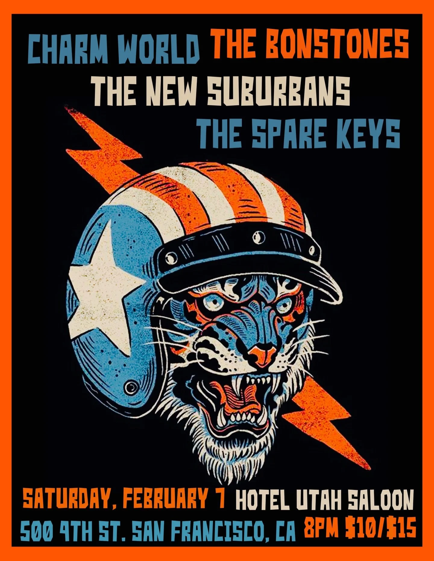 SAT FEB 7th - HOTEL UTAH

Charm World
The Bonstones
The New Suburbans
Spare Keys

8pm - 21+ - $10 Cover