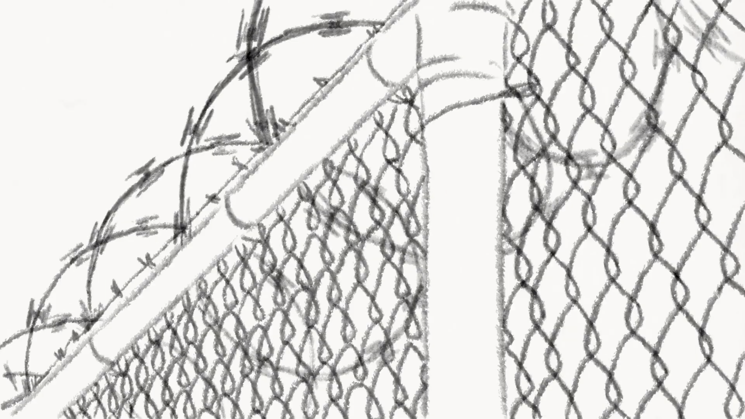 Pencil sketch of chainlink fence topped with barbed wire