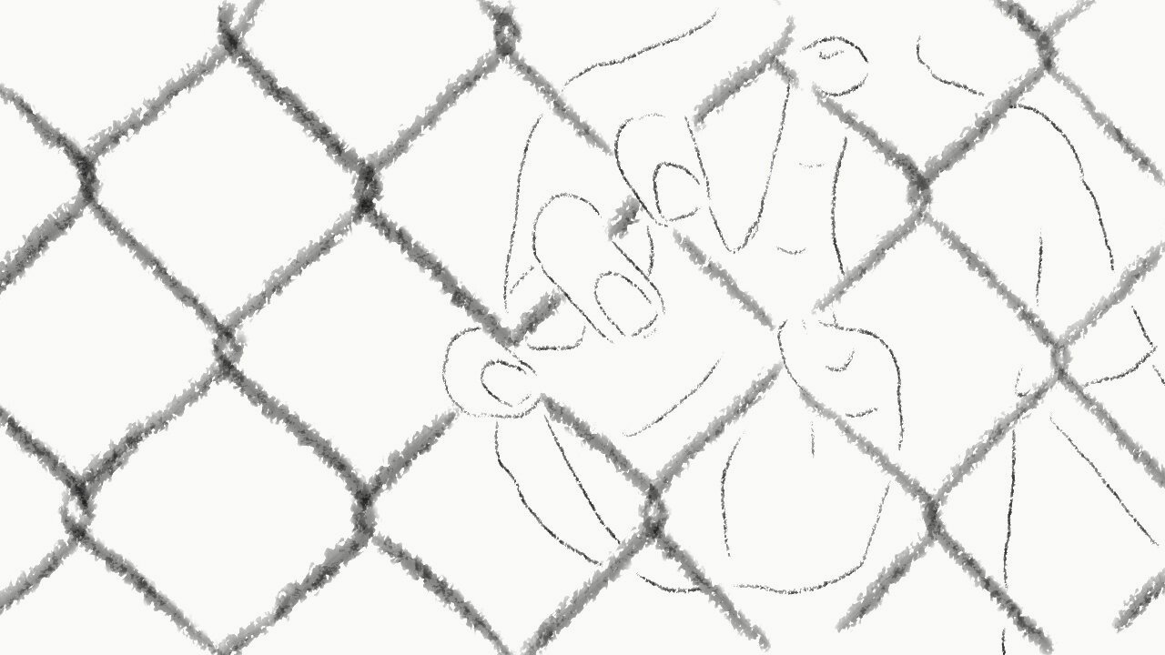 Pencil sketch of hand grasping chain link fence