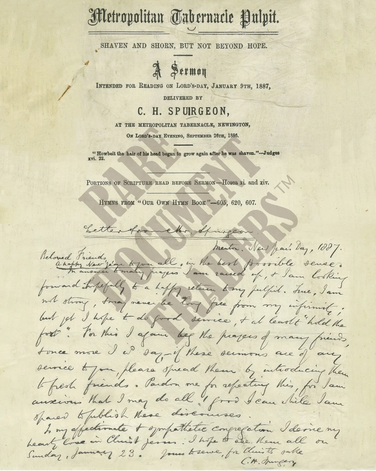 Charles Spurgeon Letter and Autograph (QUALITY COPY OF THE ORIGINAL)