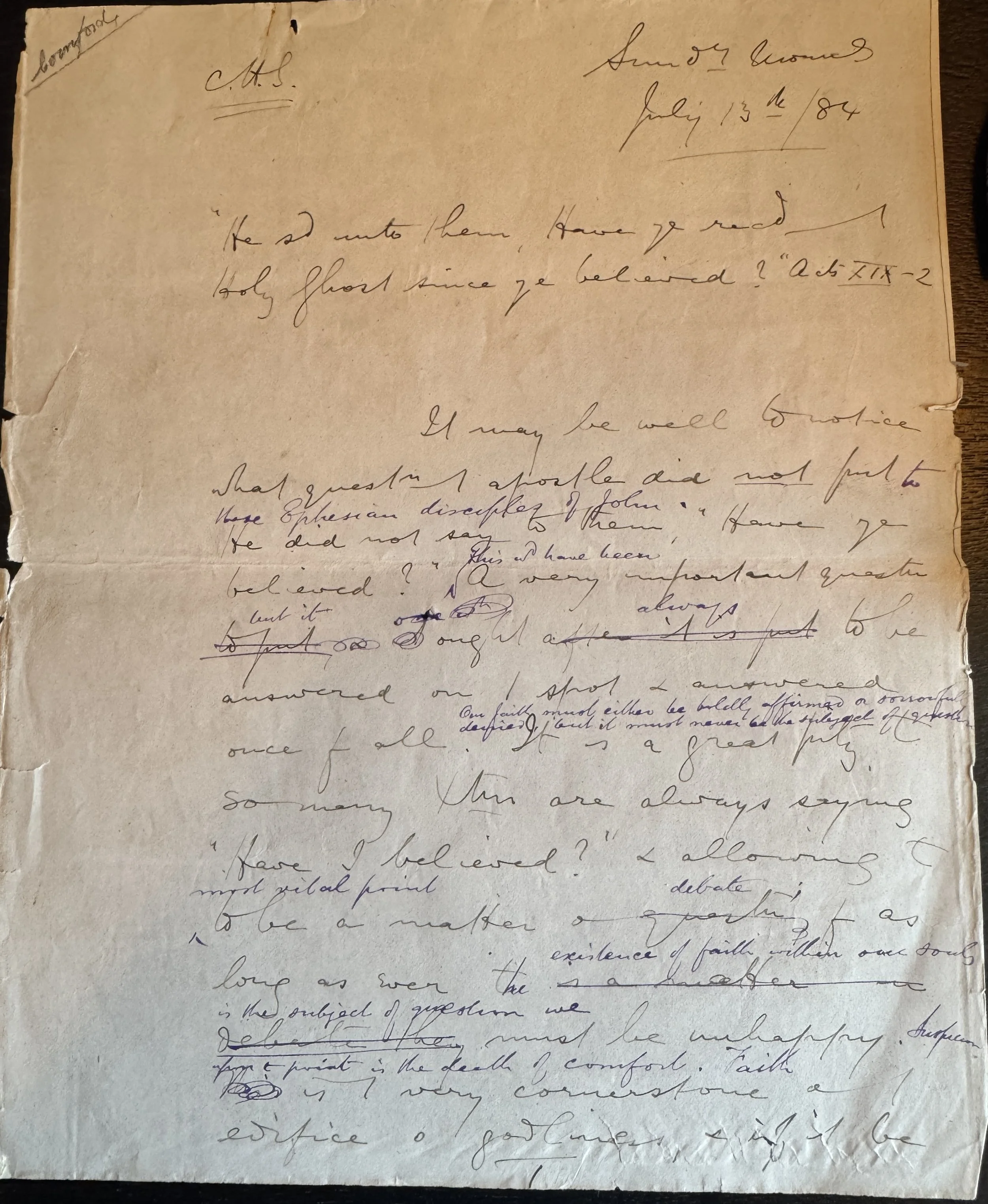 Very Heavily Amended Spurgeon Manuscript -page one, on Acts 19:2