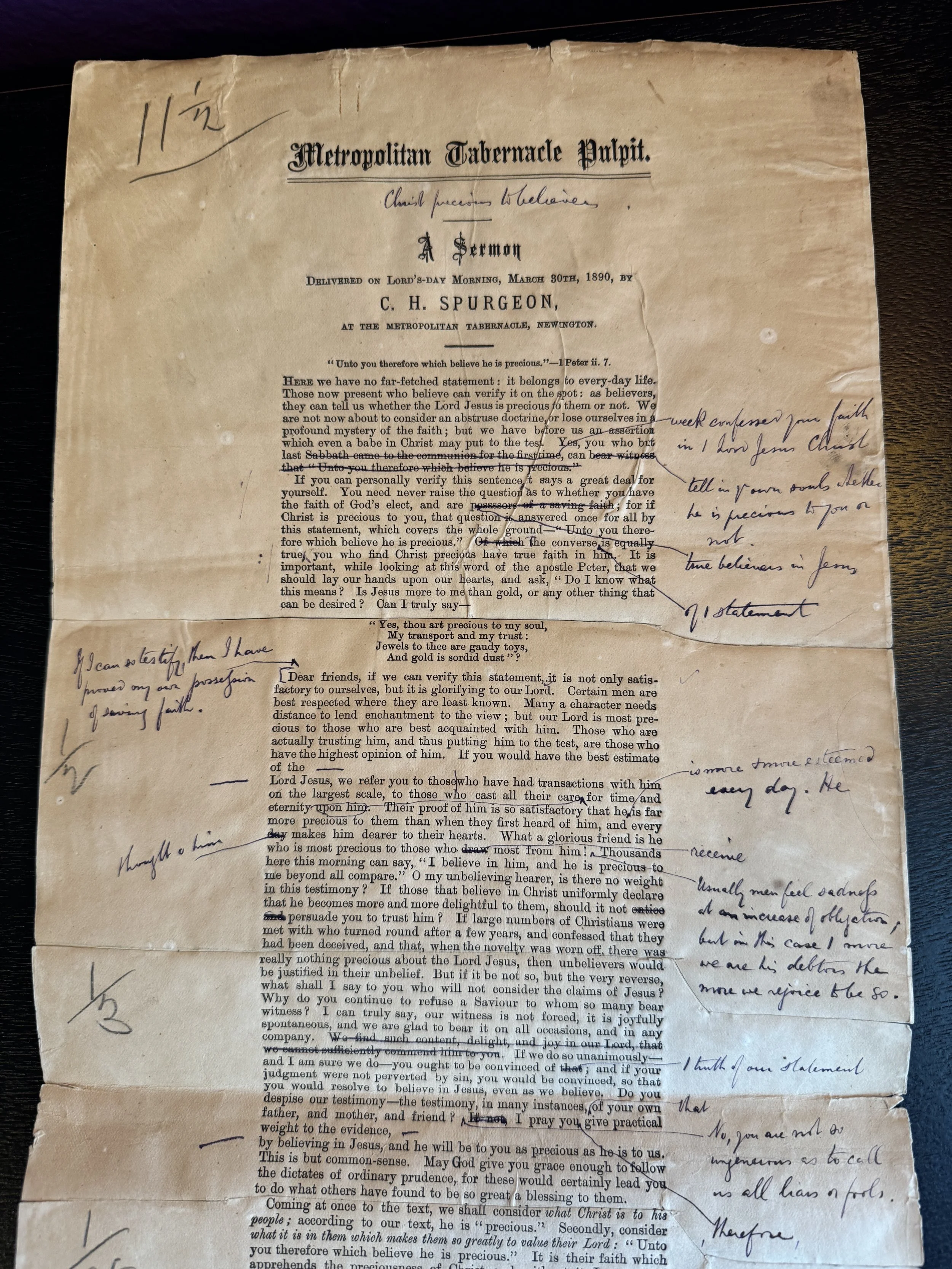 HEAVILY AMENDED SPURGEON GALLEY PAGE-  1 PETER 2:7 "CHRIST PRECIOUS TO BELIEVERS". 22x9 inches