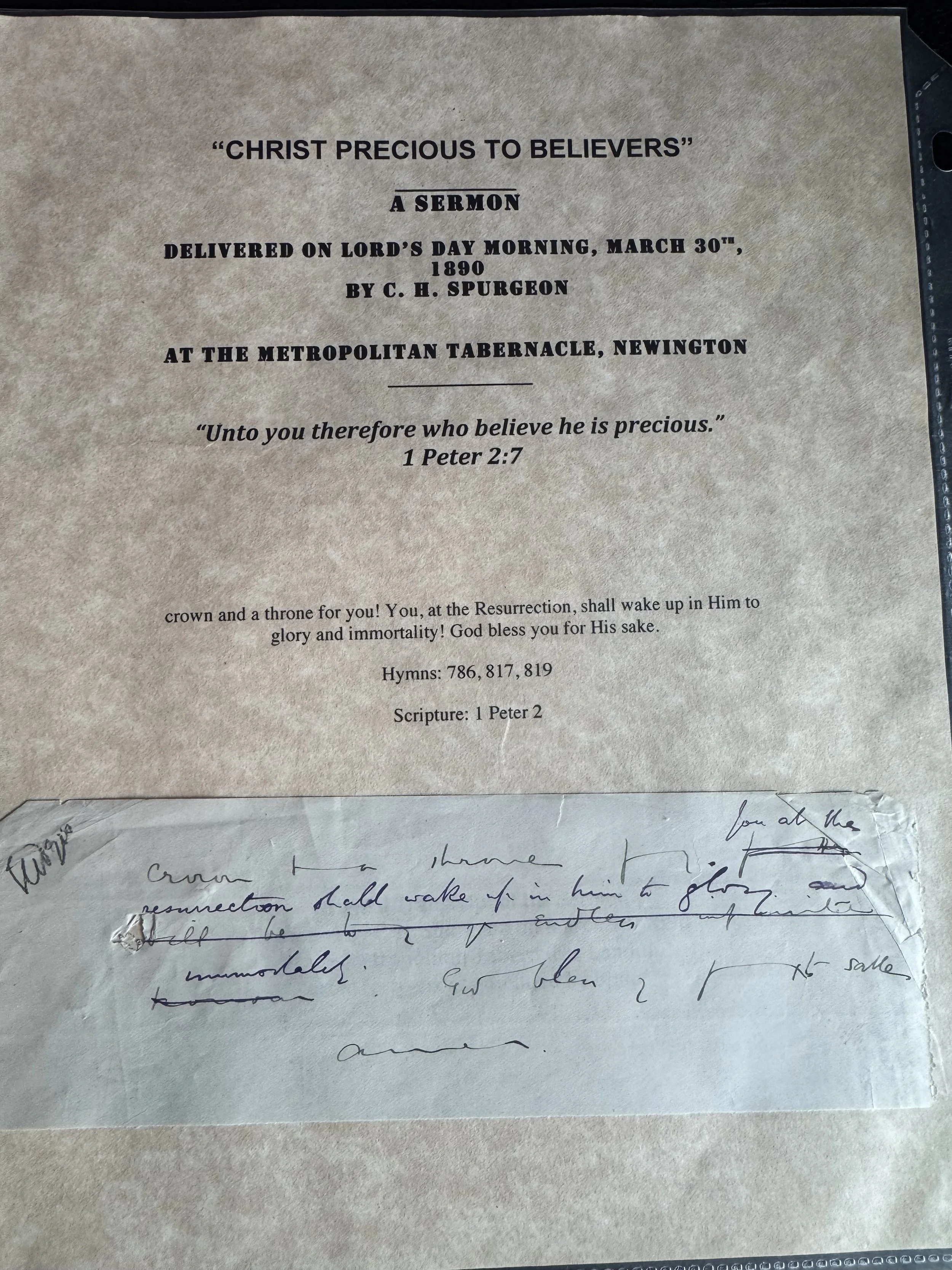 Spurgeon Sermon Manuscript Fragment - 1 Peter 2:7 - Christ Precious to believers