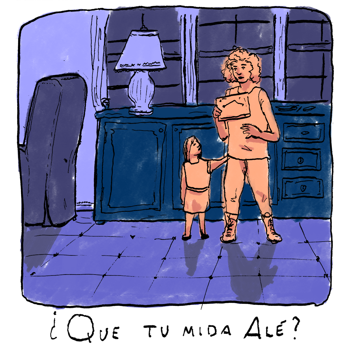 Description: Illustration of young girl looking up at a middle-aged woman, who is holding a framed photo. The caption reads ¿Que tu mida alé?