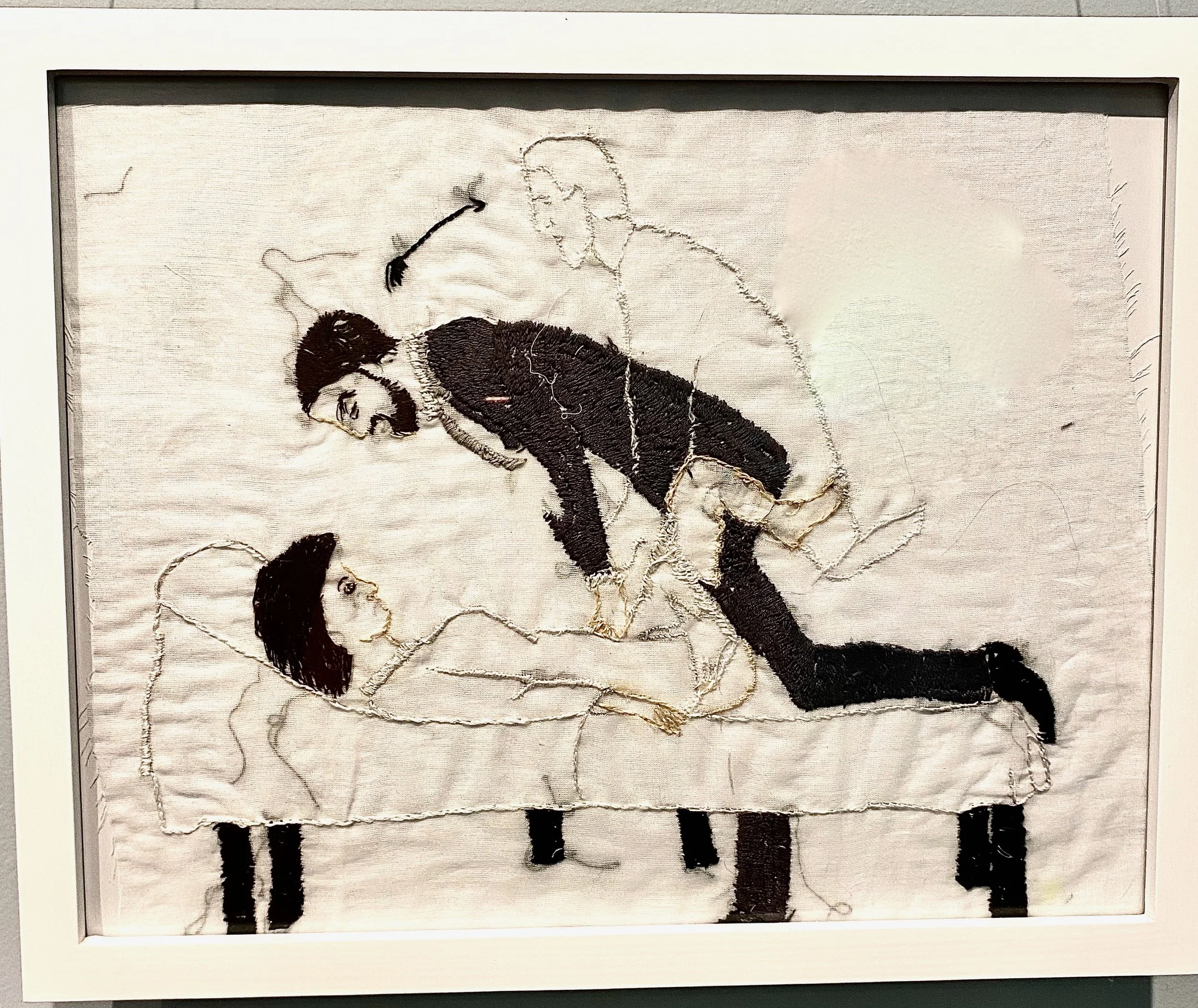 “Fig. 152. Second Position: Instructions for Ovary Compression, 1873” 
Hand embroidered on cotton voile.. Inspired by Paul Richer drawing, 1880. 11x17 inches.