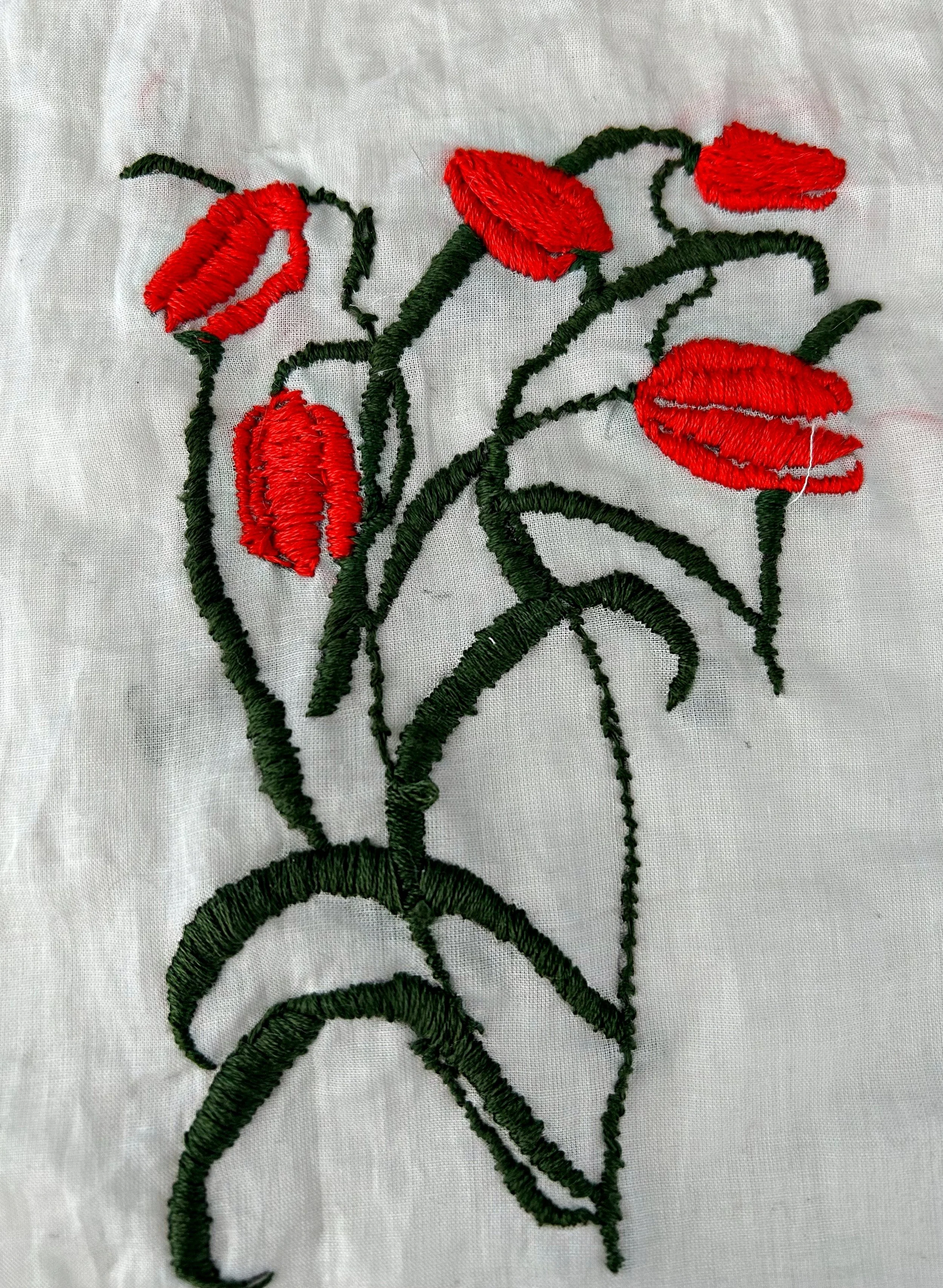 "Red Tulips"
Hand embroidered on linen, 6x6 inches.