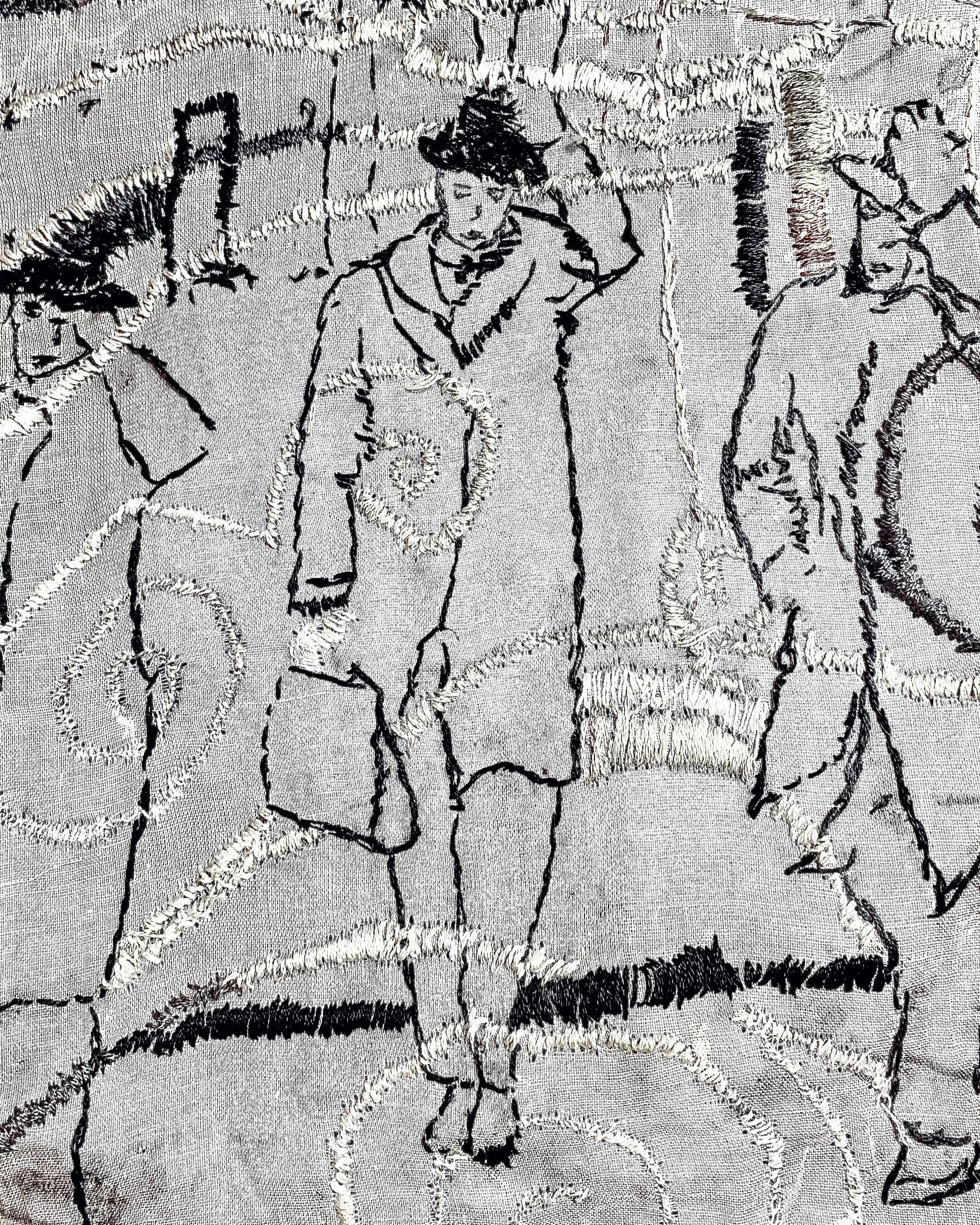 Three Men in the Wind
Hand embroidered on cotton voile.  8x10. inches.